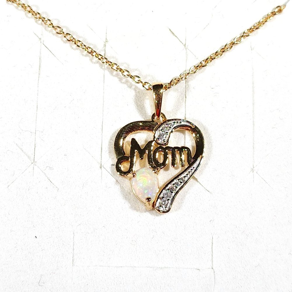 Welo Opal & Natural White Zircon MOM necklace 14K YG over 925 .60ct 18 inch L